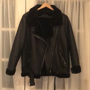 Zara leather bomber jacket with faux fur